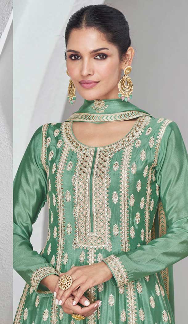 Silk Embroidered Party Wear Palazzo Salwar Kameez In Pista Green - 9731189120