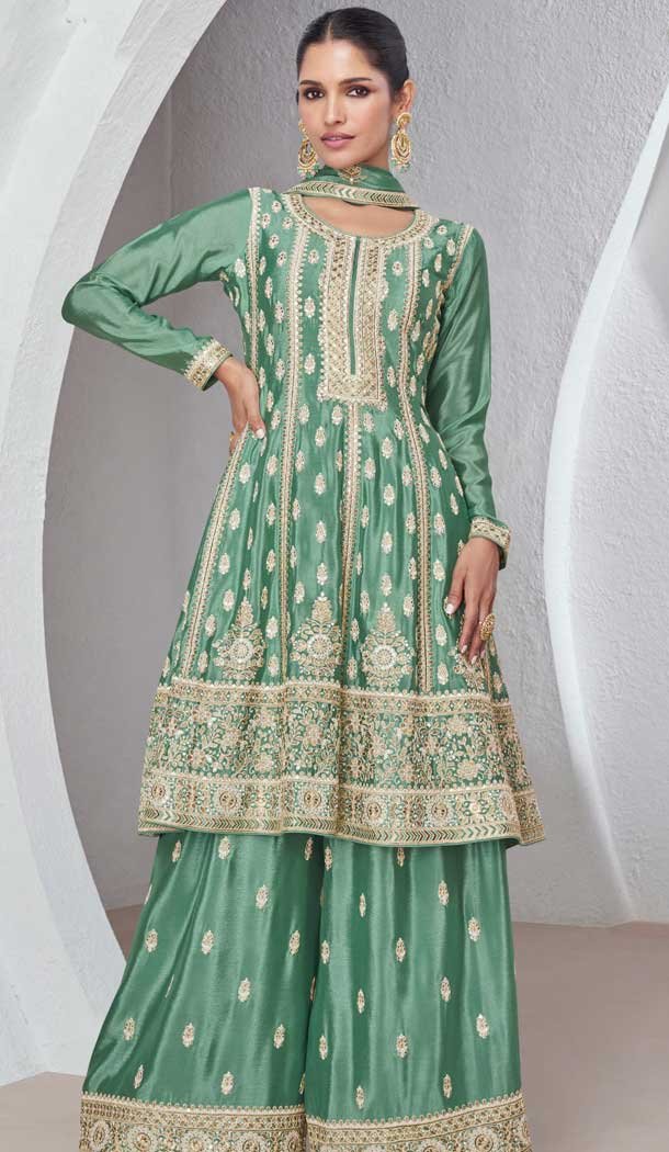 Silk Embroidered Party Wear Palazzo Salwar Kameez In Pista Green - 9731189120