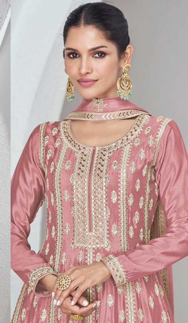 Silk Embroidered Party Wear Palazzo Salwar Kameez In Pink - 9731189121