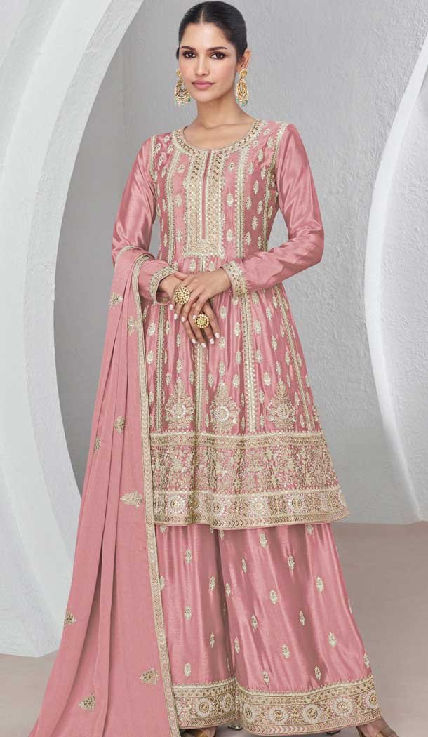 Silk Embroidered Party Wear Palazzo Salwar Kameez In Pink - 9731189121
