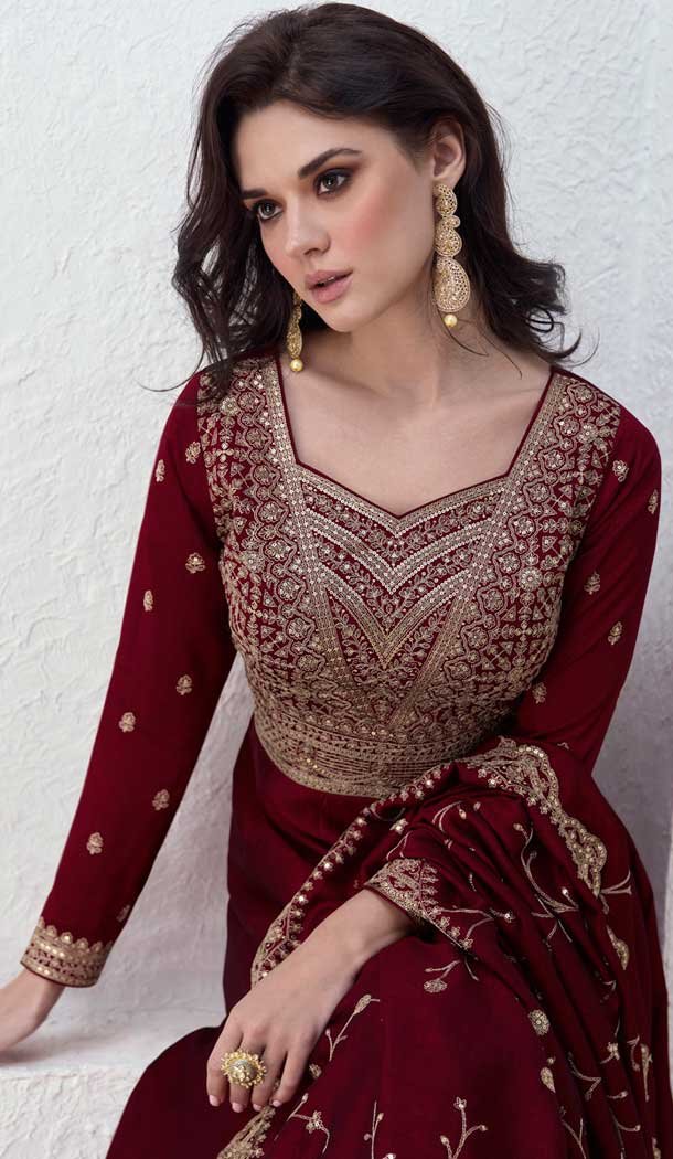 Silk Embroidered Party Wear Readymade Salwar Suit In Maroon - 9732189123