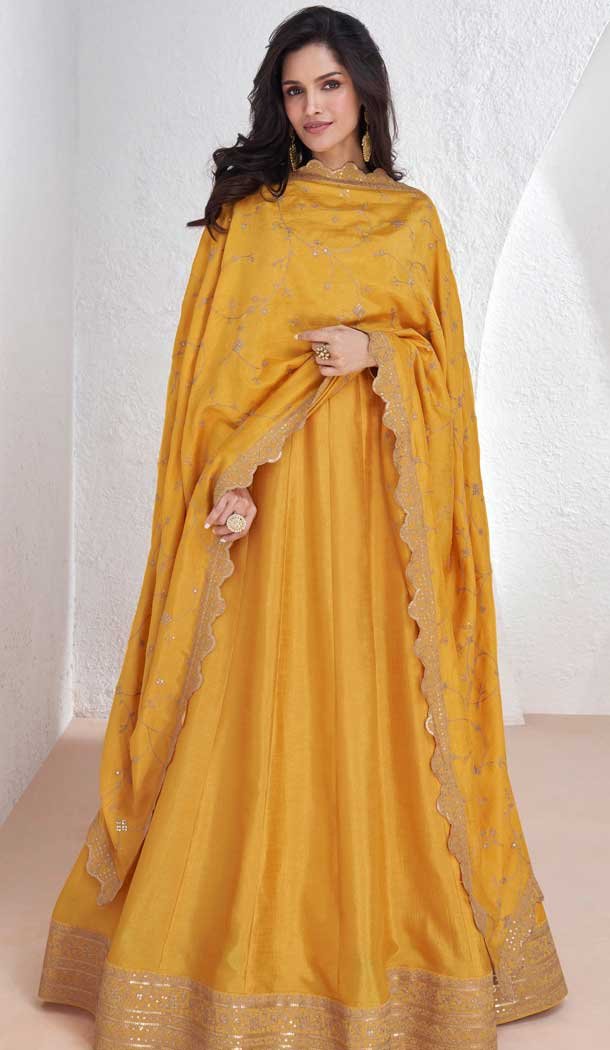 Silk Embroidered Party Wear Readymade Salwar Suit In Mustard - 9732189124