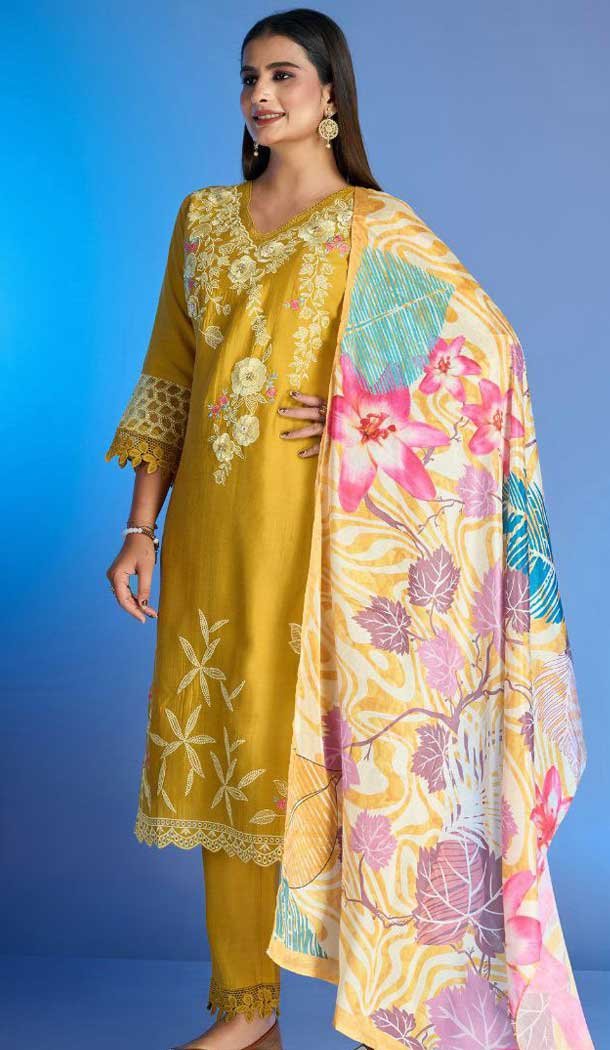 Yellow Roman Silk Embroidered Party Wear Readymade Salwar Kameez - 9846189960