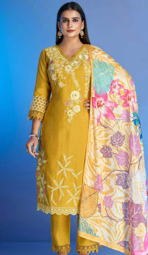 Yellow Roman Silk Embroidered Party Wear Readymade Salwar Kameez - 9846189960