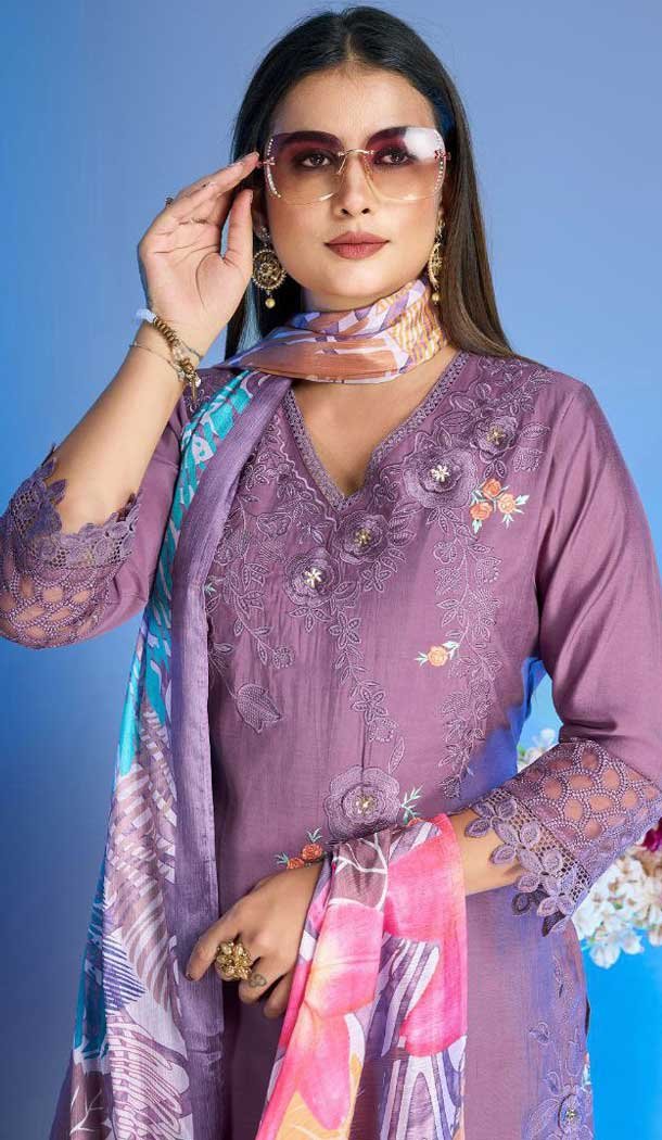 Lavender Roman Silk Embroidered Party Wear Readymade Salwar Kameez - 9846189961