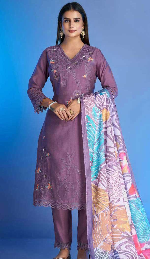 Lavender Roman Silk Embroidered Party Wear Readymade Salwar Kameez - 9846189961