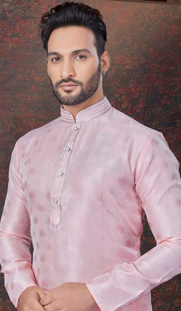 Pink Silk Zari Work Mens Readymade Kurta Pajama - 9704188904