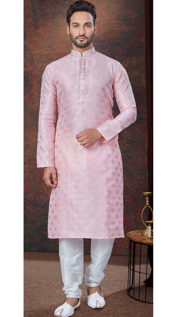Pink Silk Zari Work Mens Readymade Kurta Pajama - 9704188904