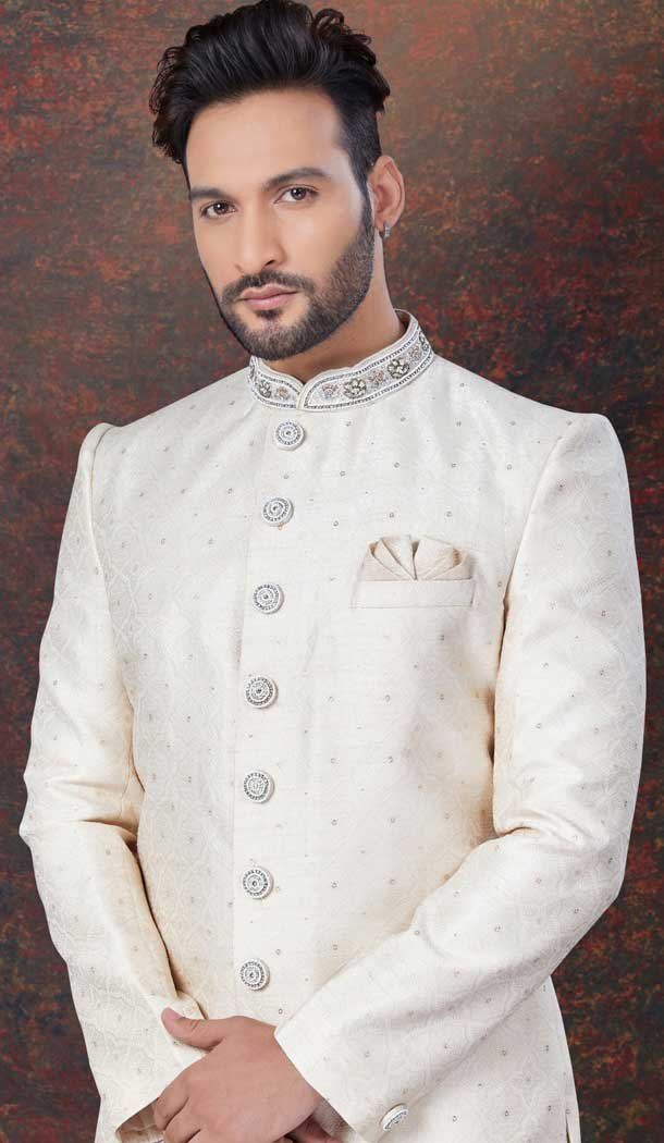 Cream Jacquard Silk Stone Work Wedding Wear Men Indo Western - 9705188914