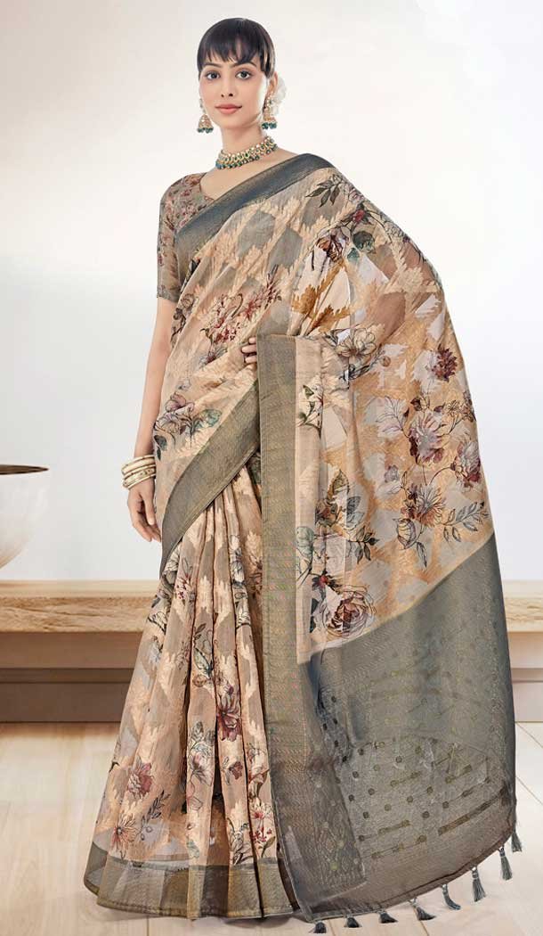 Coffee Cream Organza Silk Digital Print Work Party Wear Saree - 9853189997