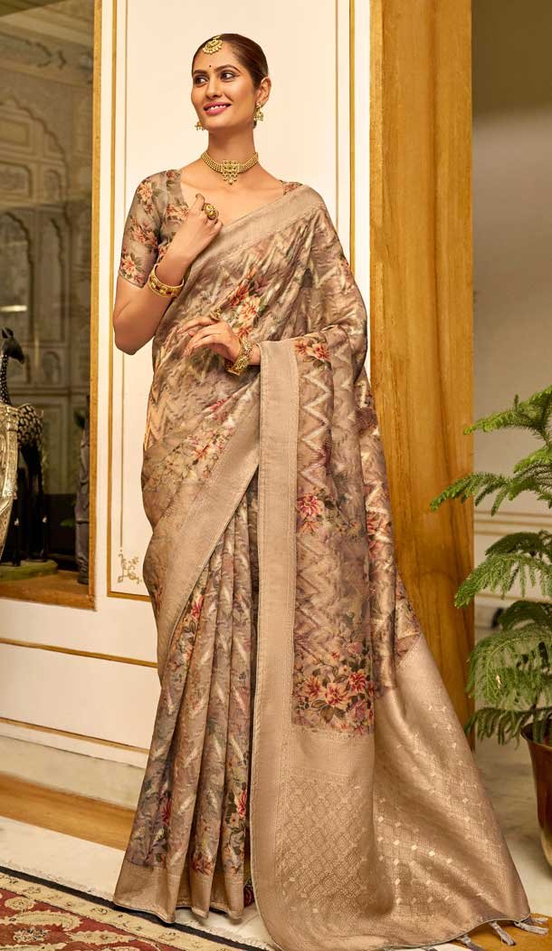 Cream Organza Silk Digital Print Work Designer Party Wear Saree - 9854190006