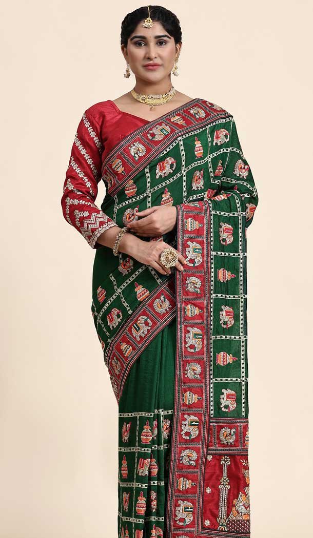 Green Vichitra Silk Embroidered Designer Wear Saree - 9864190909
