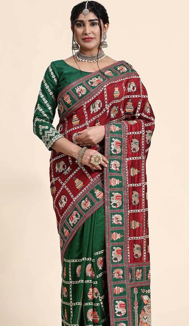 Vichitra Silk Embroidered Designer Wear Saree In Multi Color - 9864190912
