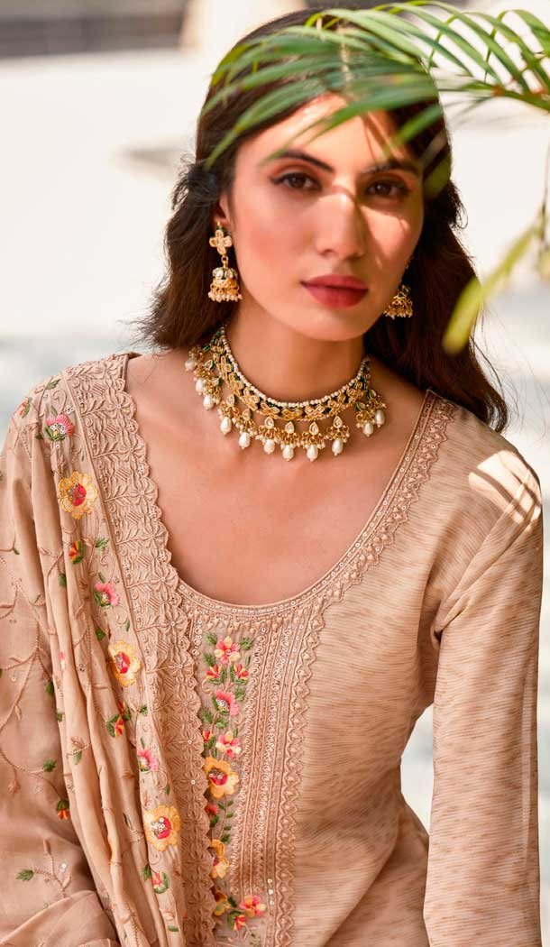 Georgette Embroidered Party Wear Salwar Suit In Beige - 9891191070