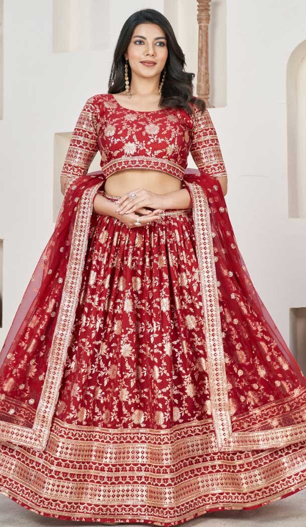 Jacquard Embroidery Work Designer Wear Lehenga Choli In Red - 9892191071