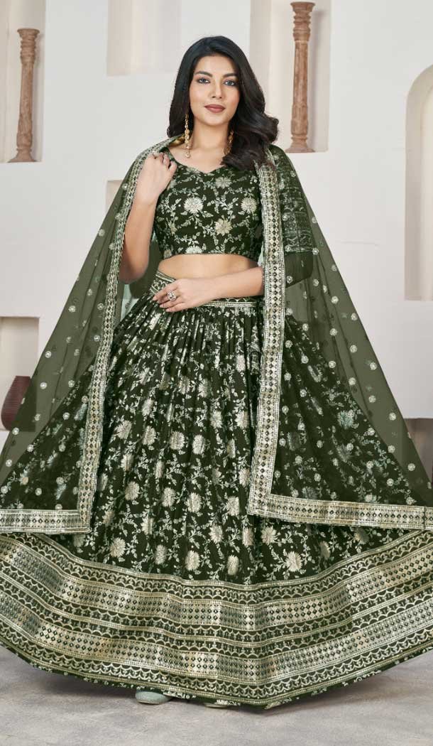 Jacquard Embroidery Work Designer Wear Lehenga Choli In Mehendi - 9892191073