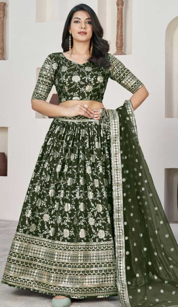 Jacquard Embroidery Work Designer Wear Lehenga Choli In Mehendi - 9892191073
