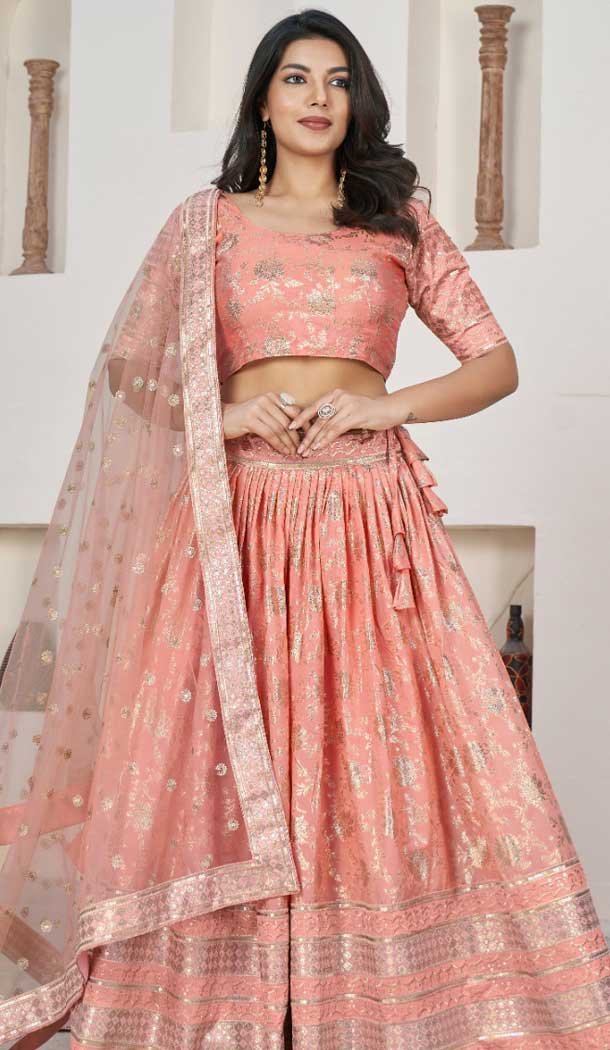 Jacquard Embroidery Work Designer Wear Lehenga Choli In Peach - 9892191074
