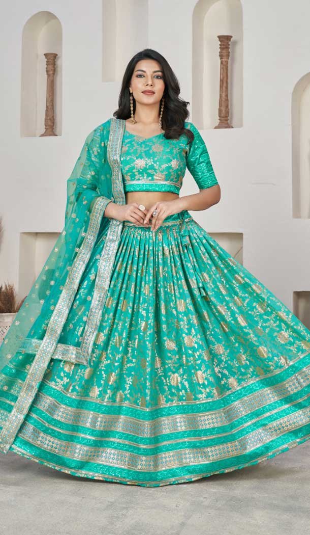 Jacquard Embroidery Work Designer Wear Lehenga Choli In Sea Green - 9892191076