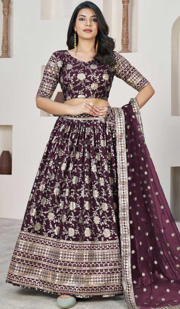 Jacquard Embroidery Work Designer Wear Lehenga Choli In Wine - 9892191079