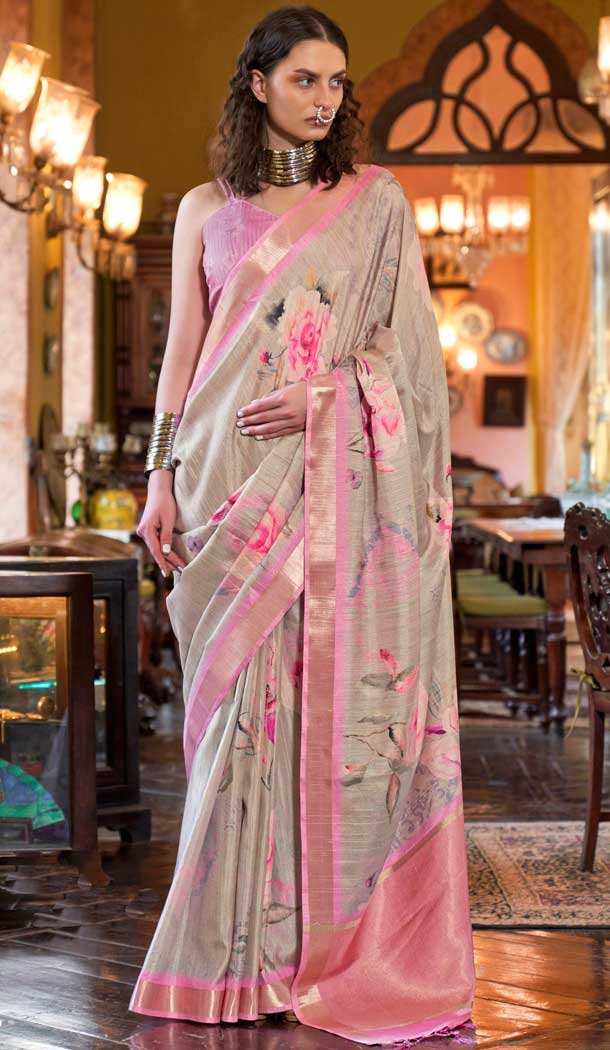 Light Grey And Pink Banarasi Silk Printed Party Wear Saree - 9896191118