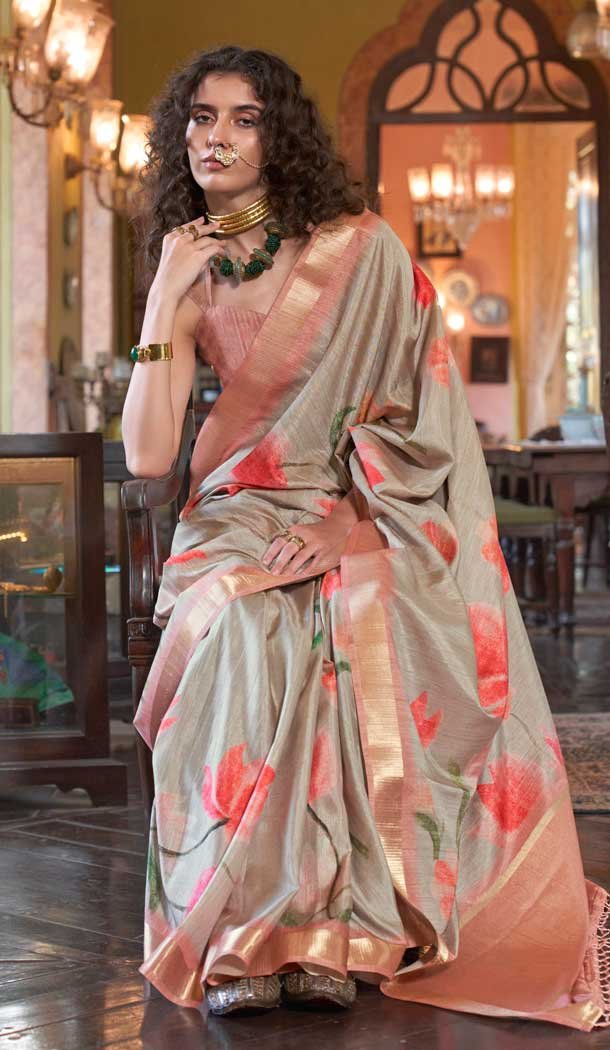 Banarasi Silk Printed Party Wear Saree In Light Grey - 9896191121