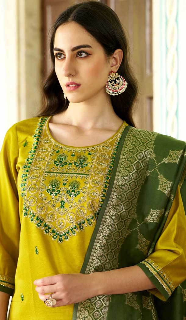 Rayon Resham Work Party Wear Readymade Salwar Suit In Yellow - 9776189452