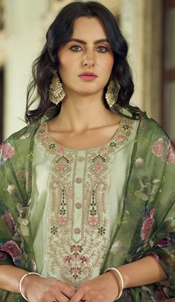 Rayon Resham Work Party Wear Readymade Salwar Suit In Olive Green - 9776189453