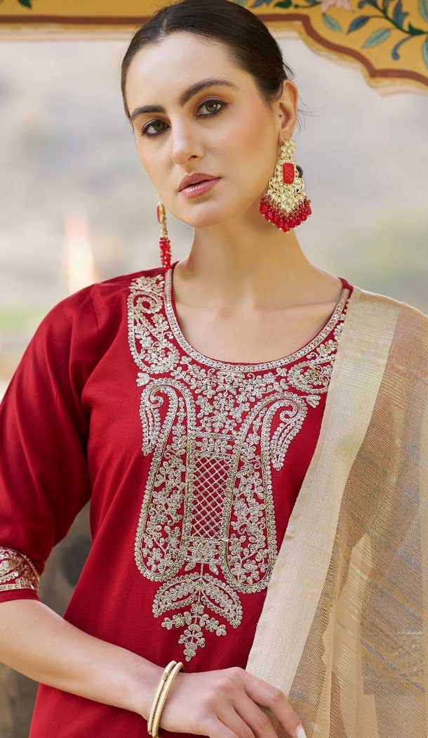 Rayon Zari Work Party Wear Readymade Salwar Suit In Red - 9776189454