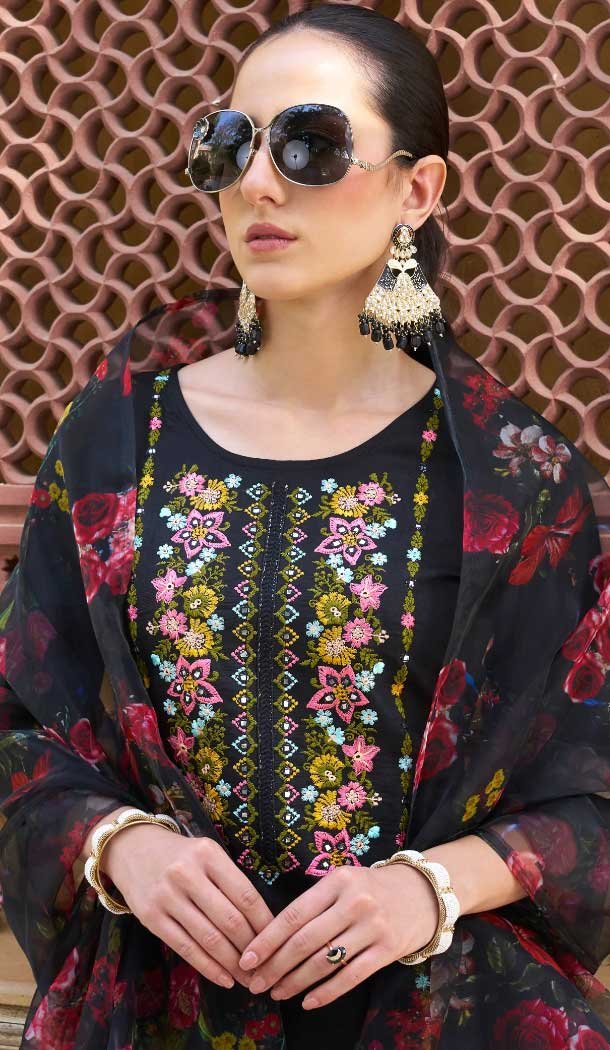 Rayon Resham Work Party Wear Readymade Salwar Suit In Black - 9776189455