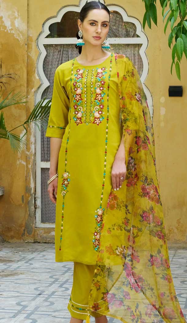 Rayon Resham Work Party Wear Readymade Salwar Suit In Yellow - 9776189456