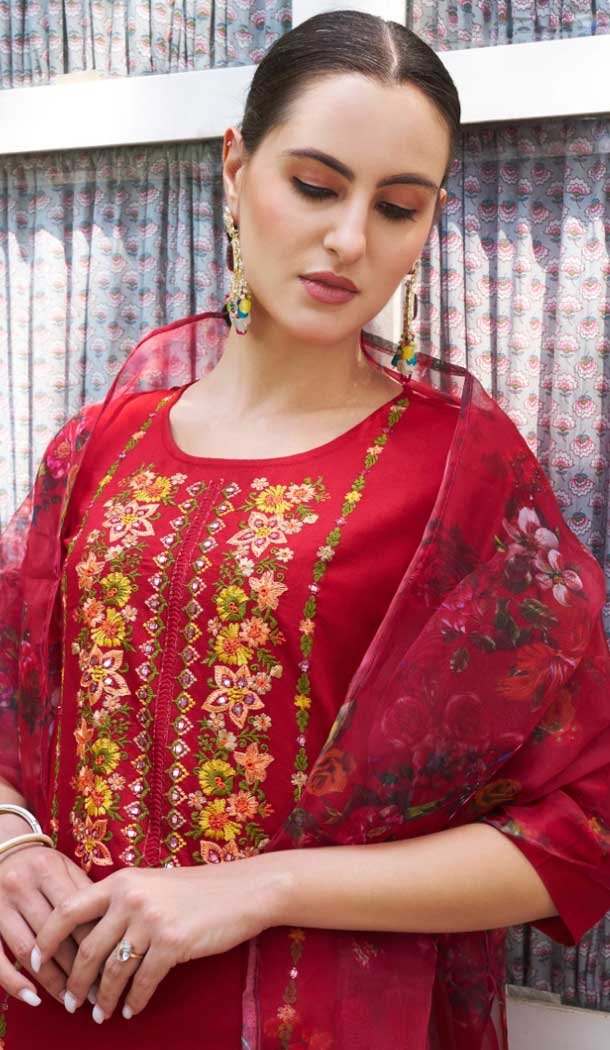 Rayon Sequins Work Party Wear Readymade Salwar Suit In Red - 9776189457