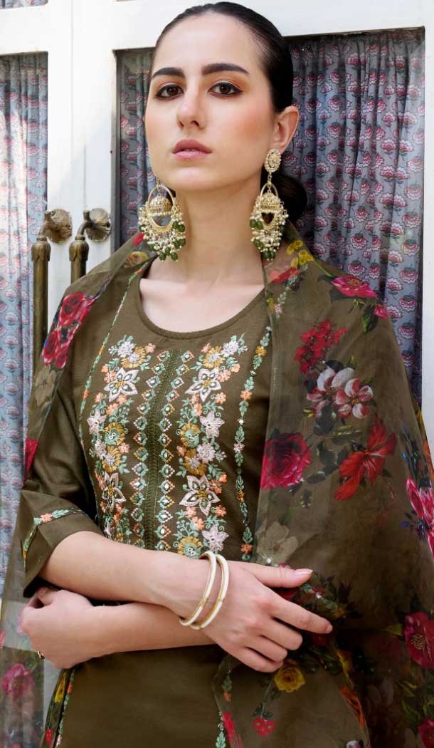 Rayon Resham Work Party Wear Readymade Salwar Suit In Brown - 9776189458