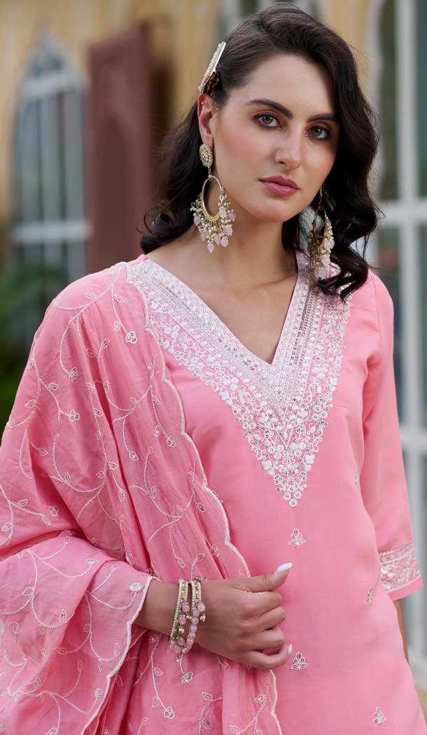 Silk Embroidered Party Wear Readymade Salwar Suit In Pink - 9777189460