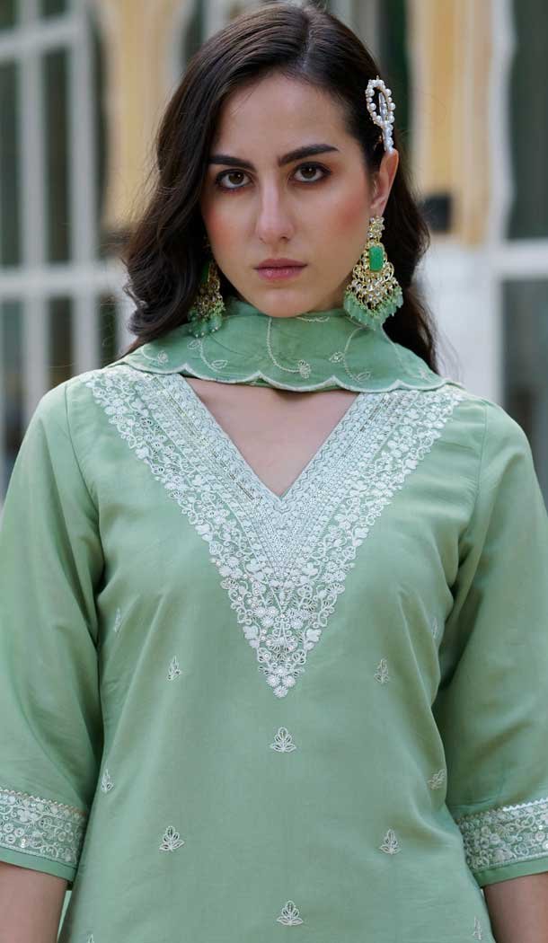 Silk Embroidered Party Wear Readymade Salwar Suit In Olive Green - 9777189461