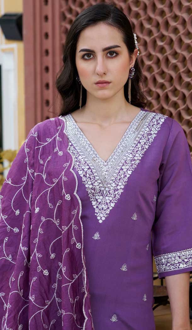 Silk Embroidered Party Wear Readymade Salwar Suit In Purple - 9777189462