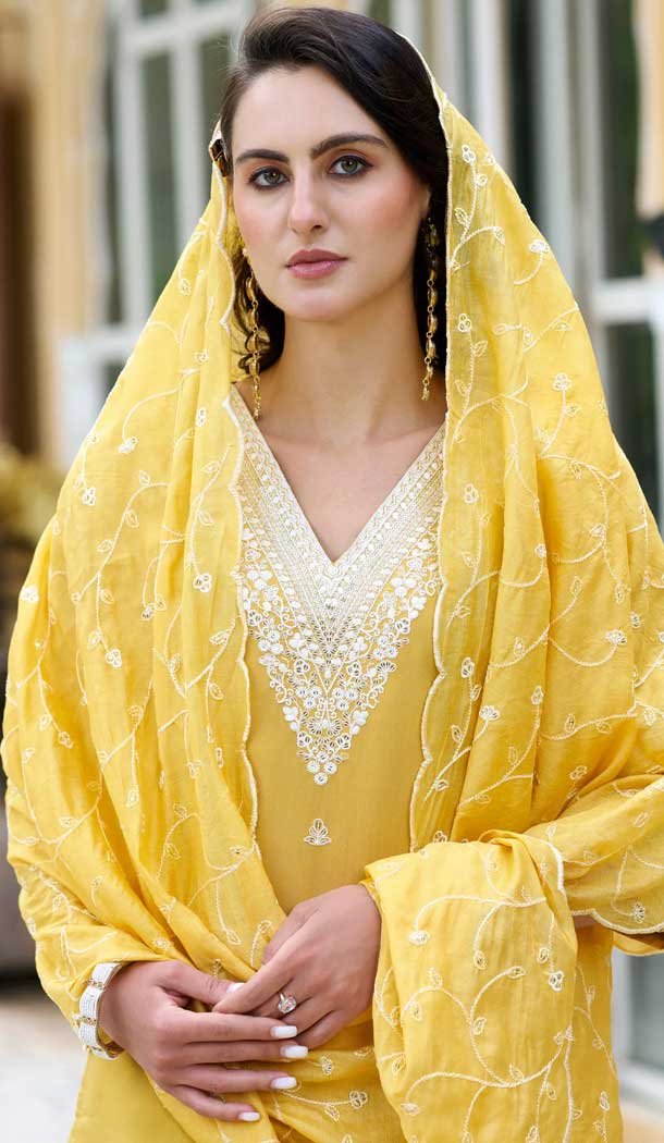 Silk Embroidered Party Wear Readymade Salwar Suit In Yellow - 9777189463