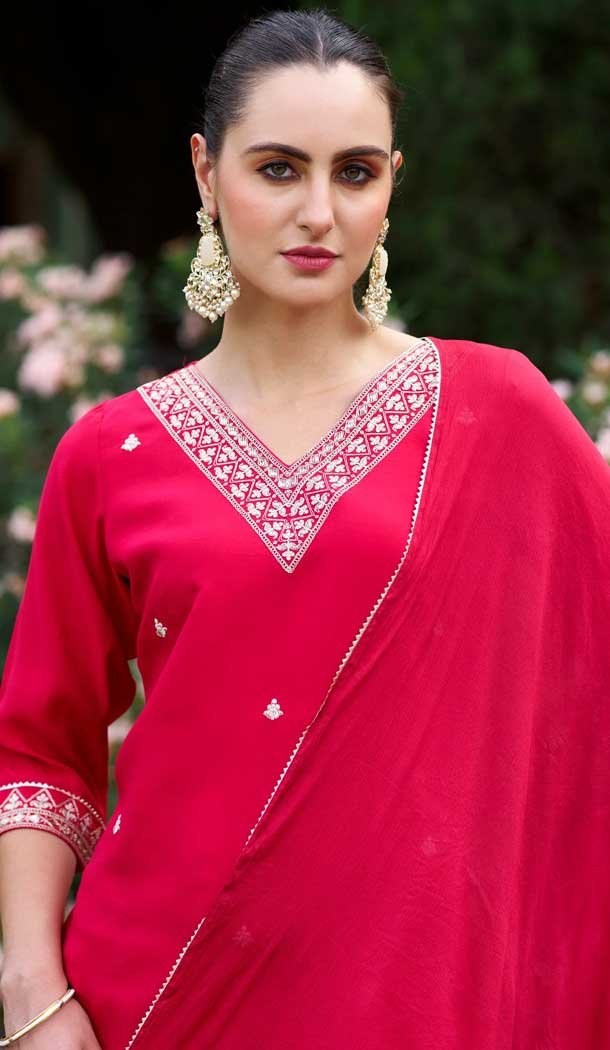 Silk Embroidered Party Wear Readymade Salwar Suit In Red - 9777189464