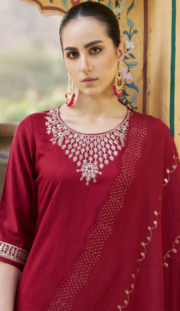 Rayon Embroidered Party Wear Readymade Salwar Suit In Maroon - 9777189465