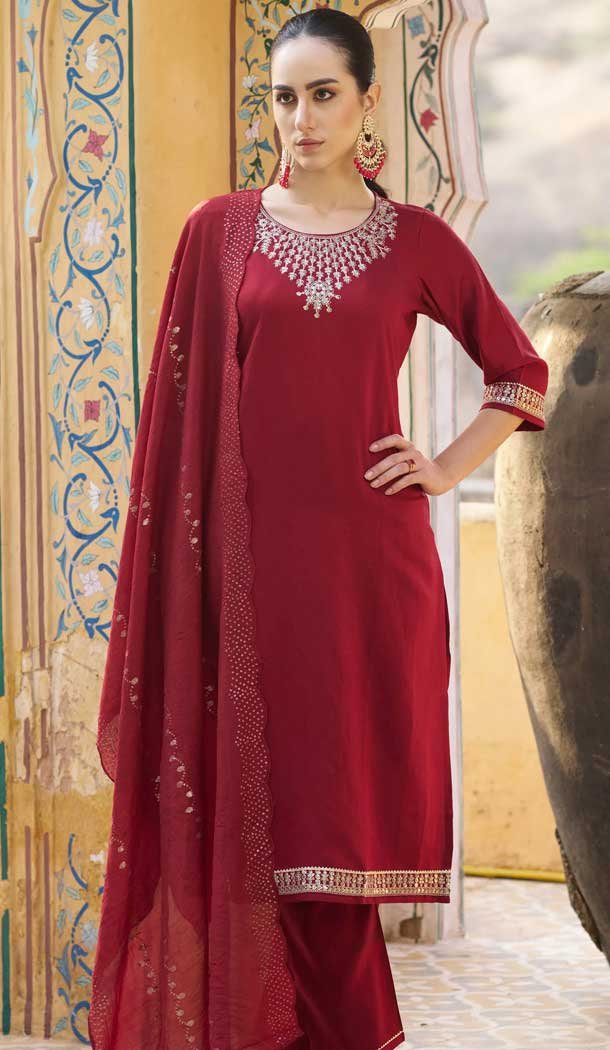 Rayon Embroidered Party Wear Readymade Salwar Suit In Maroon - 9777189465