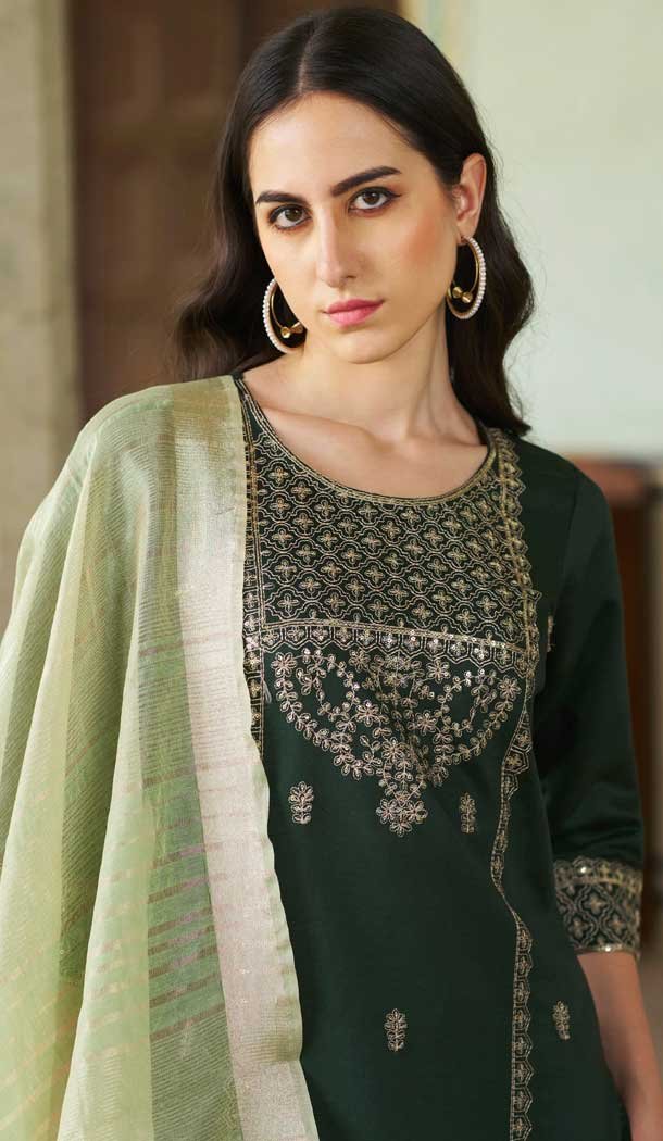 Rayon Embroidered Party Wear Readymade Salwar Suit In Dark Green - 9777189466