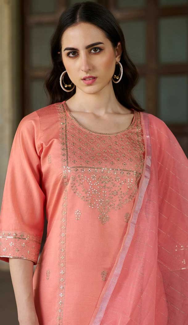 Rayon Embroidered Party Wear Readymade Salwar Suit In Peach - 9777189467