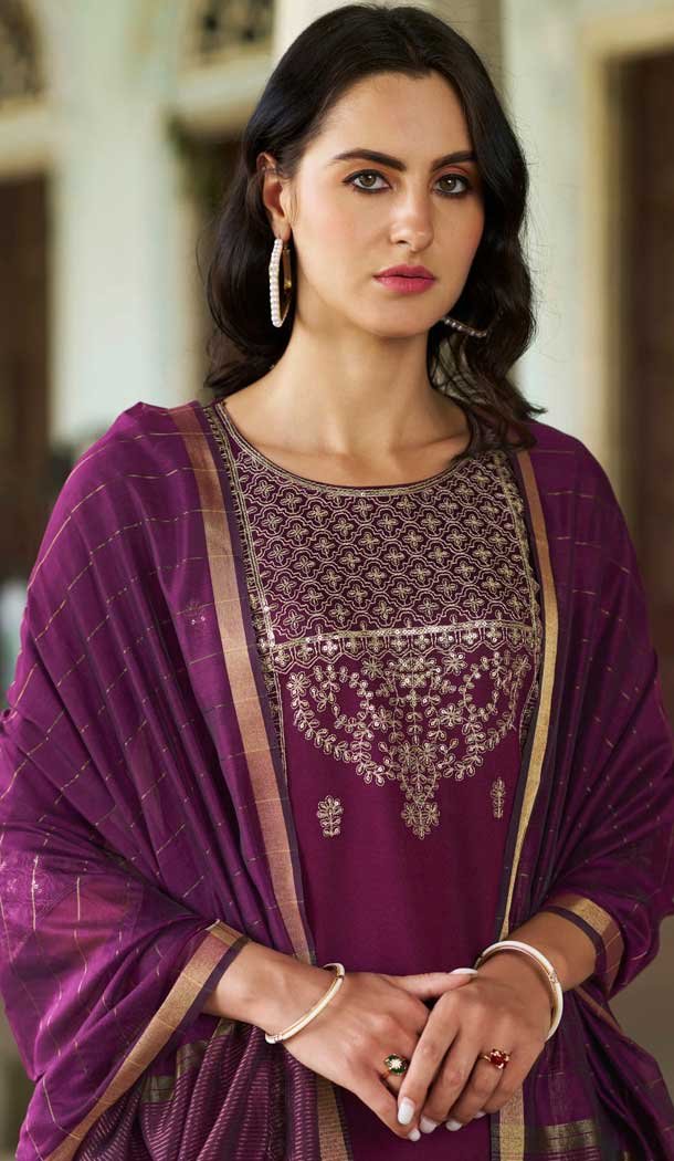 Rayon Embroidered Party Wear Readymade Salwar Suit In Purple - 9777189468