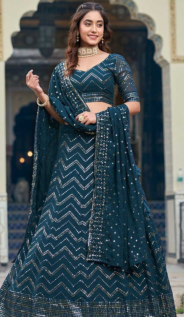 Teal Blue Georgette Resham Work Party Wear Lehenga Choli - 9816189760