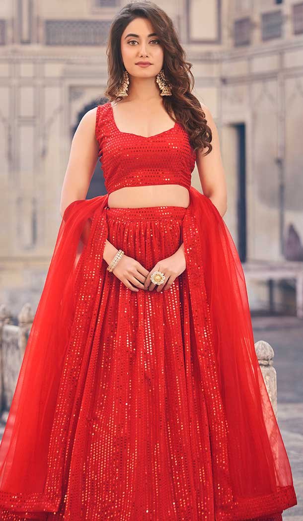 Red Georgette Sequence Work Party Wear Lehenga Choli - 9817189762