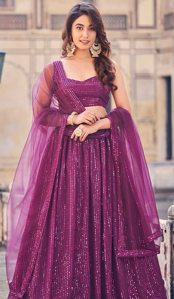Wine Georgette Sequence Work Party Wear Lehenga Choli - 9817189763