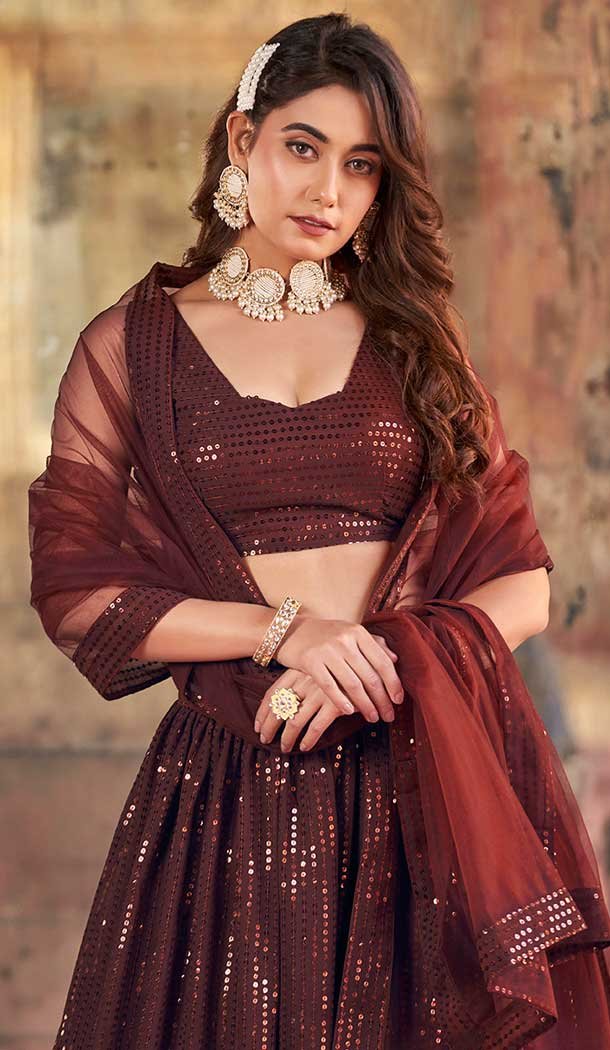 Brown Georgette Sequence Work Party Wear Lehenga Choli - 9817189768