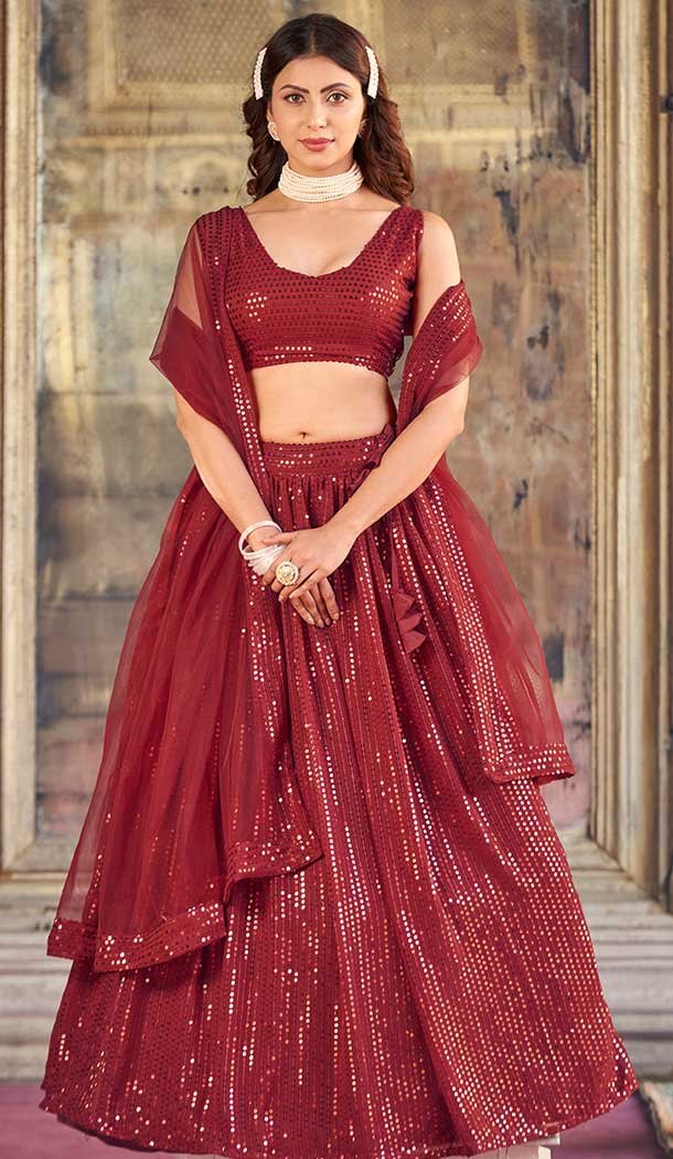 Maroon Georgette Sequence Work Party Wear Lehenga Choli - 9817189769
