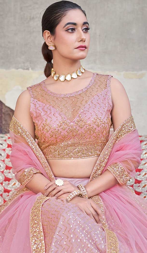 Net Embroidery Work Designer Wear Lehenga Choli In Pink - 9819189775