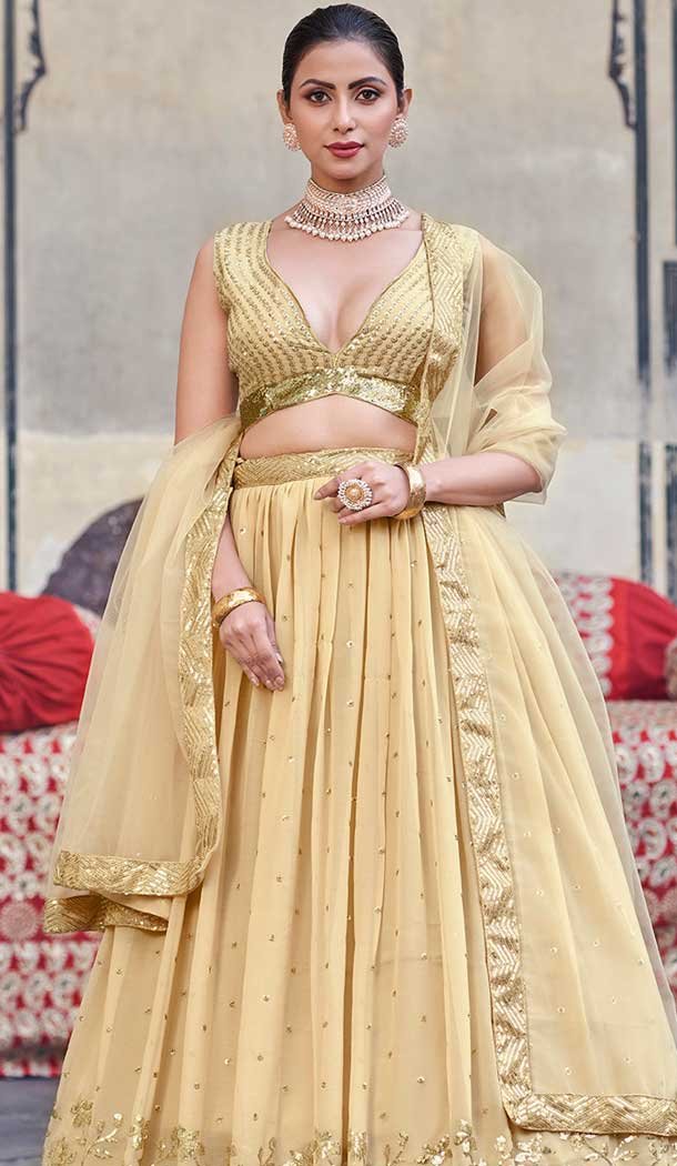 Georgette Sequence Work Party Wear Lehenga Choli In Cream - 9820189778